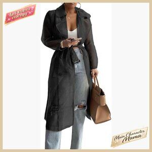 Sheer Mesh Trench Coat Longline Elegant Chic Buttoned Belted Jacket